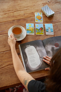 The Rebis: Wheel of Fortune magazine is opened to a poem, titled "Valve." The person reading the magazine is sitting at a dining room table, reaching for a cup of tea on the table. There are four tarot cards in a spread next to the magazine, featuring the Wheel of Fortune, The Star, 8 of Cups, and the Two of Swords tarot cards.
